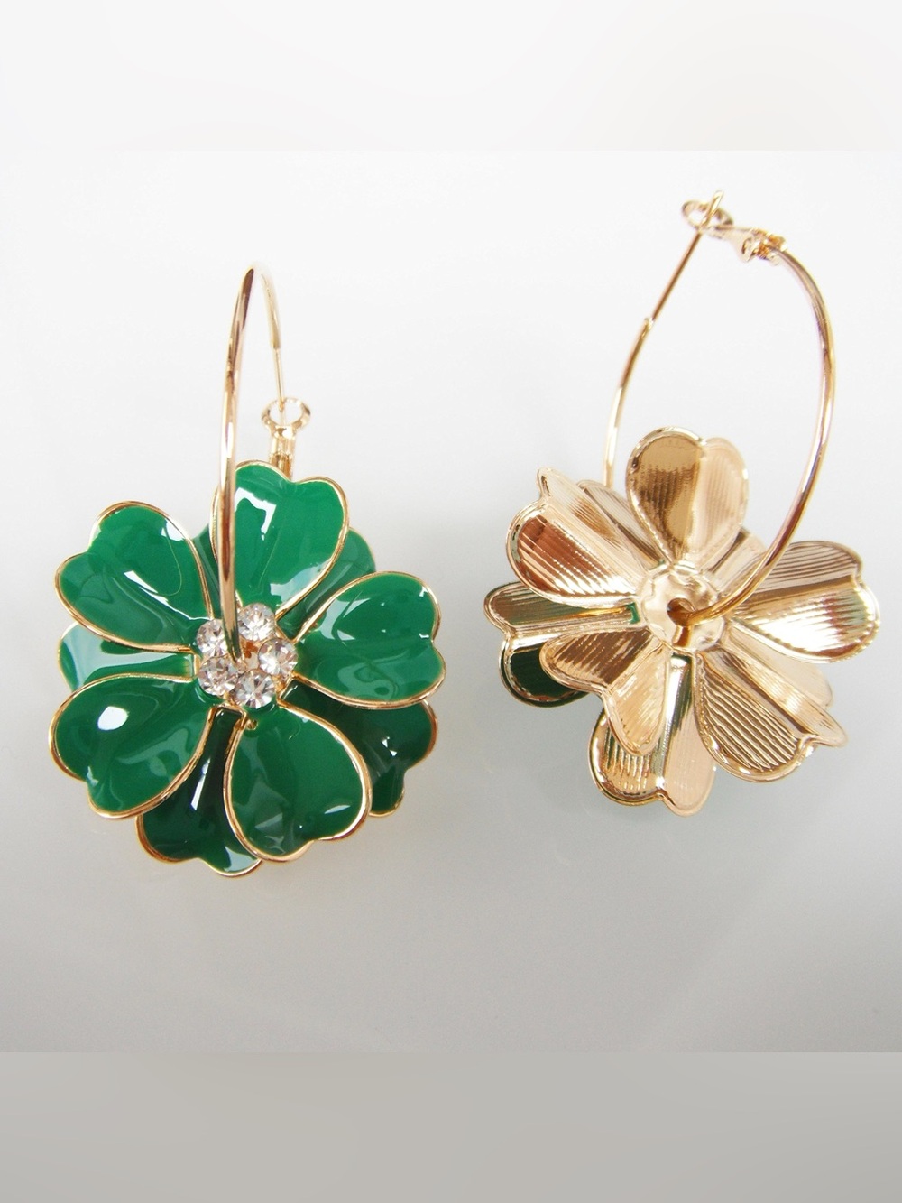 NEW 18K Gold Plated Hoop Earrings with Green Enamel Flower Charms & Crystals